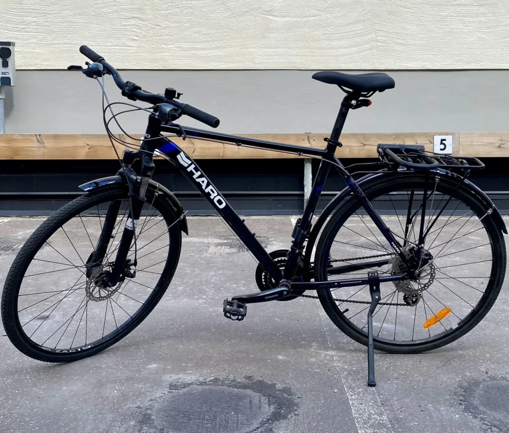 a picture of my bike. it is black and a bit blue.